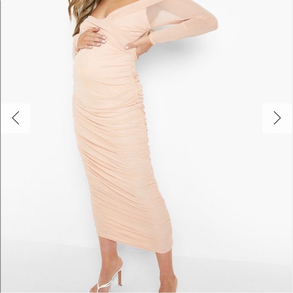 BOOHOO MATERNITY Off-Shoulder Nude PINK Dress